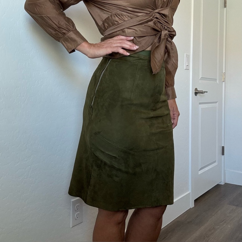 Vintage Olive Green Suede Leather High Waist Sculpted Midi Pencil Skirt